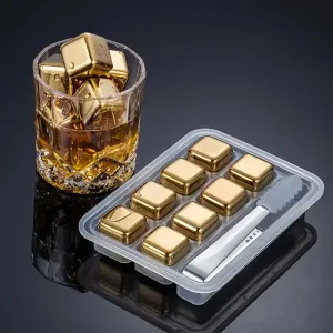 8pcs Golden Stainless Steel Whiskey Ice Cubes Set